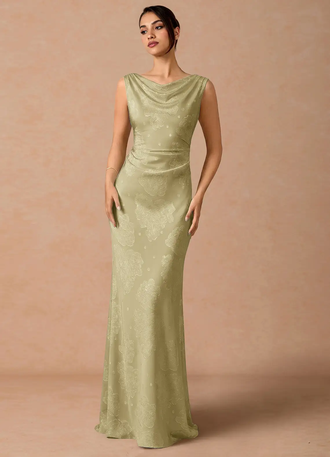 Soft sage satin cowl-neck gown