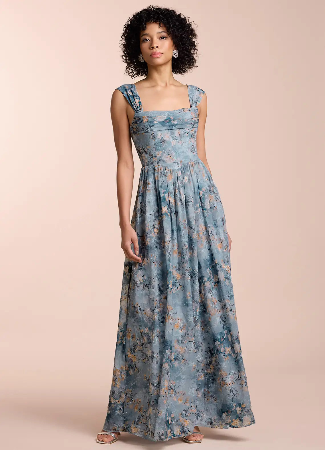 Dusty blue floral chiffon gown