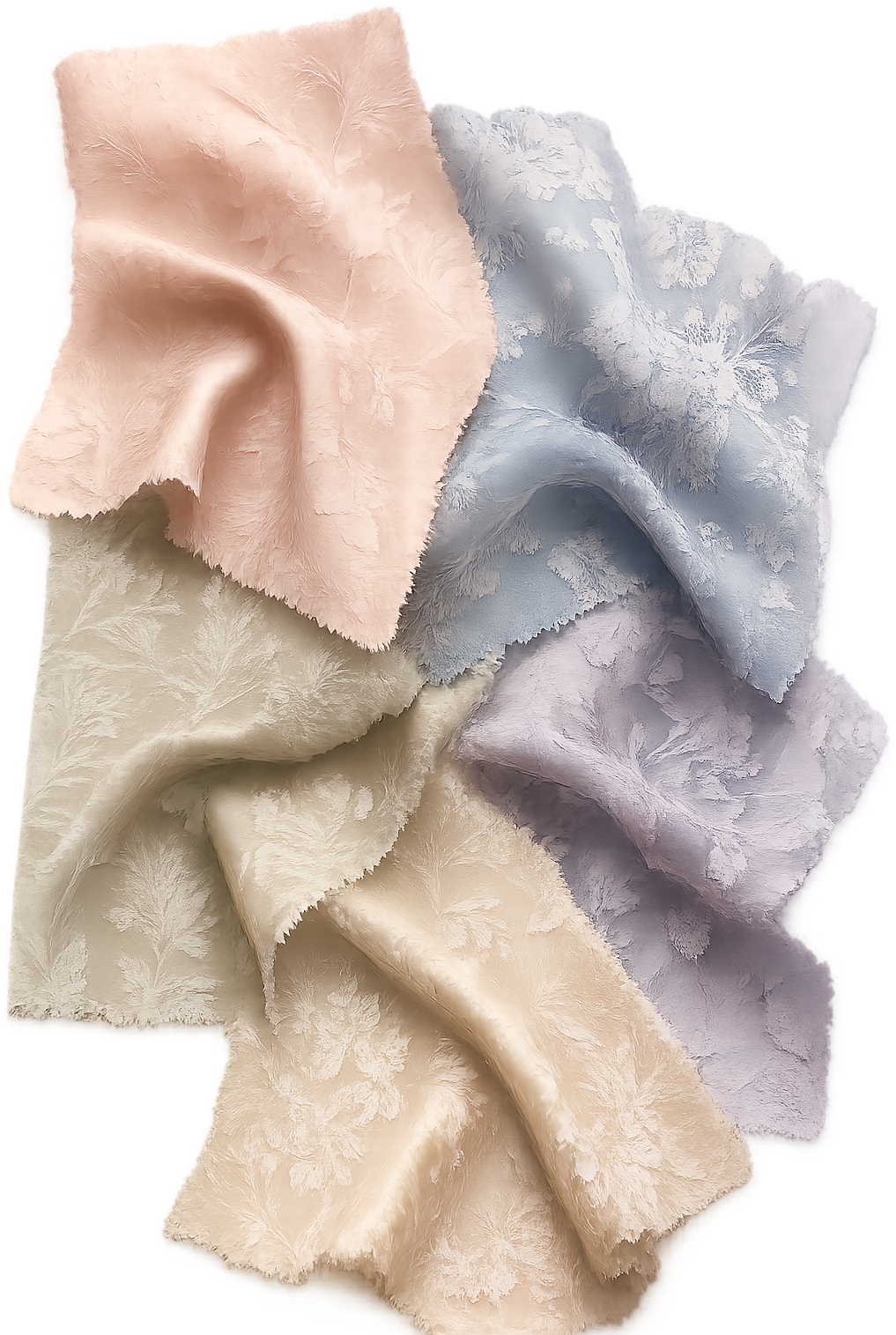 Floral jacquard fabric swatches in blush, blue, lilac and cream