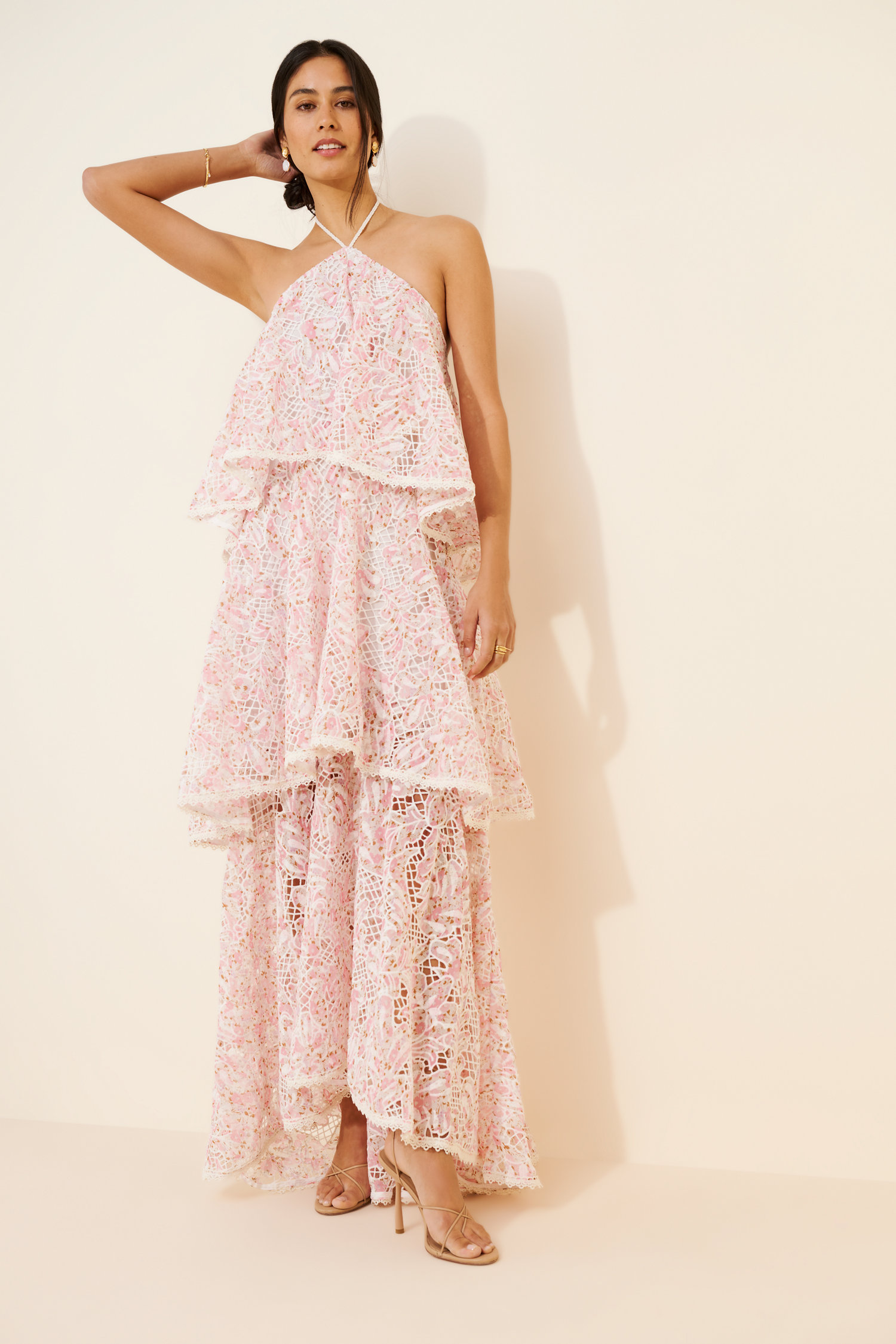 Petal pink tiered lace maxi dress