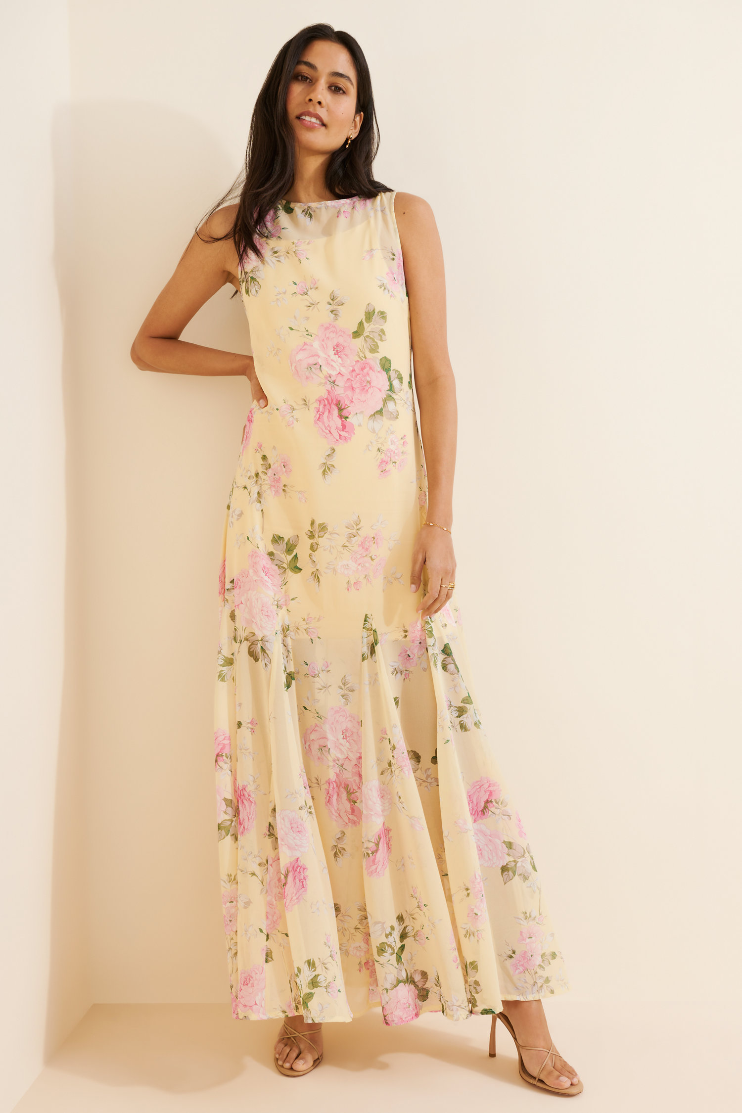 Butter yellow maxi dress with pink roses