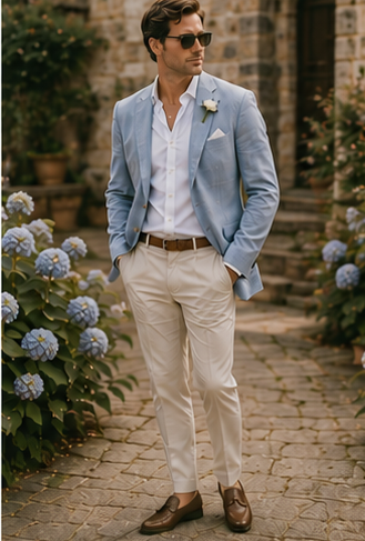 French blue linen sport coat with cream trousers
