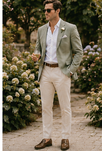 Soft sage linen sport coat with cream trousers
