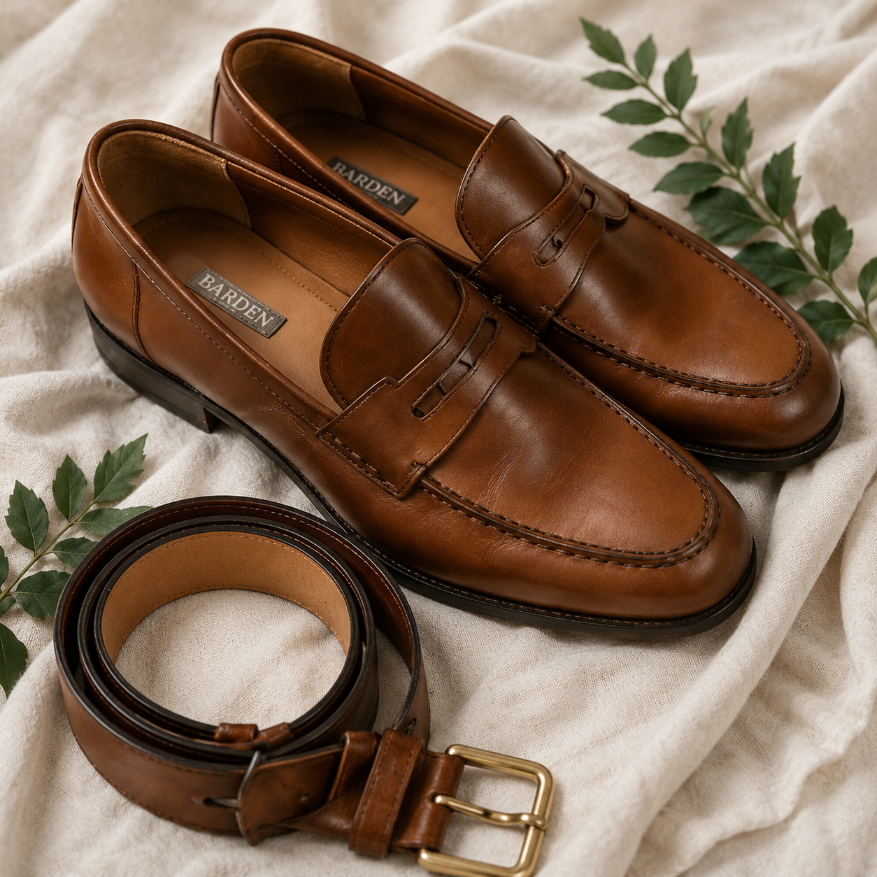 Cognac leather loafers and a brown leather belt