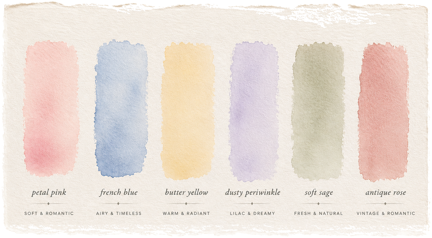 Watercolor palette on torn paper: petal pink, french blue, butter yellow, dusty periwinkle, soft sage and antique rose