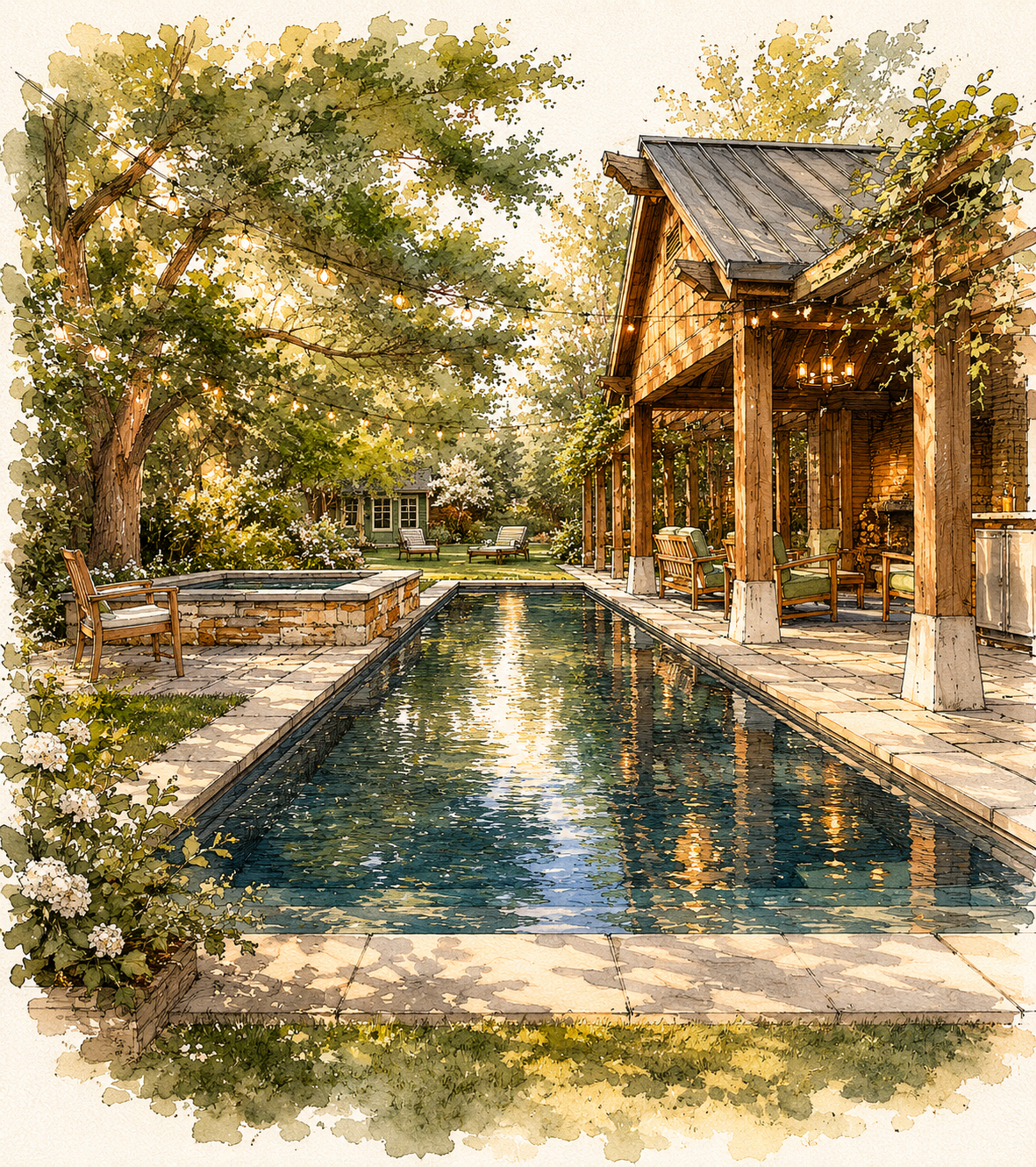 Watercolor of the pool and pavilion at The Glenmont House