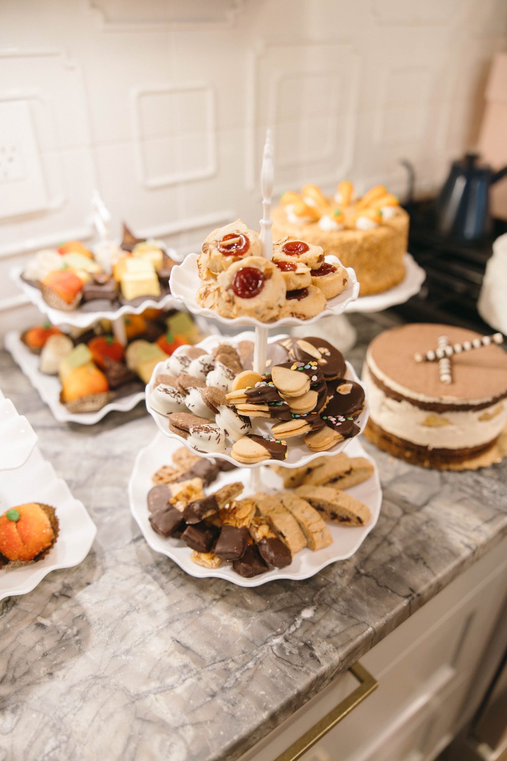 The dessert table from Mozart's, laid out on the kitchen counter